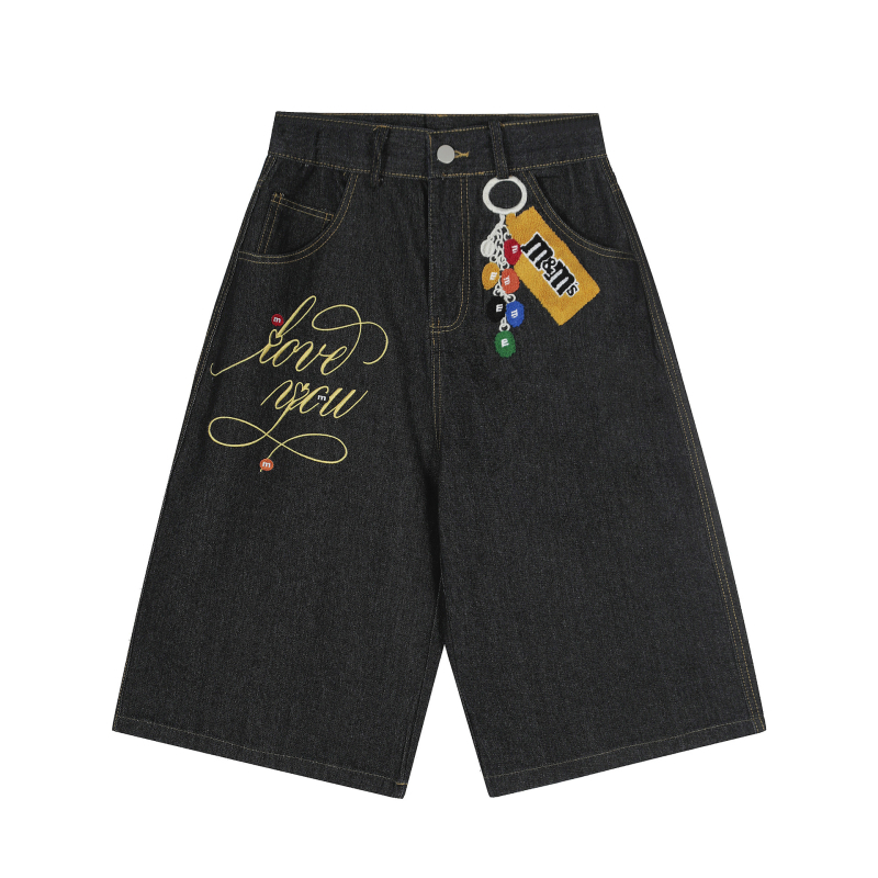 Șort denim unisex cu broderie de litere și design cu lanț atârnat, croi lejer, denim din bumbac, vară