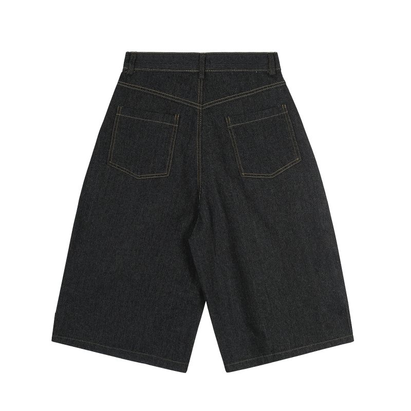 Șort denim unisex cu broderie de litere și design cu lanț atârnat, croi lejer, denim din bumbac, vară