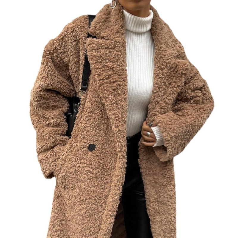 Ženski vuneni kaput dugog kroja, ovratnik tipa lapel, dvostruko kopčanje, materijal spandex