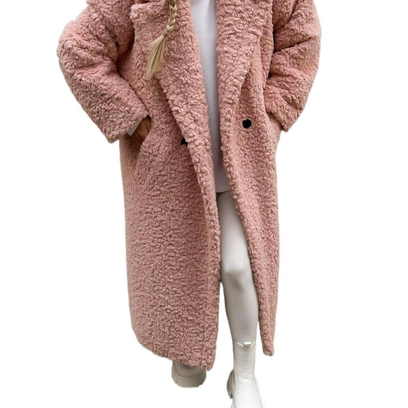 Ženski vuneni kaput dugog kroja, ovratnik tipa lapel, dvostruko kopčanje, materijal spandex
