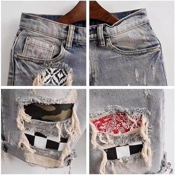 Muške traper šorc s patchworkom i oštećenjima, korejski stil, labav ravni kroj, ljetni stil, 65% pamuk