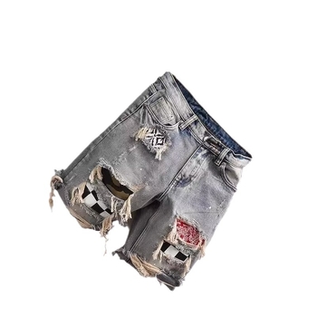 Muške traper šorc s patchworkom i oštećenjima, korejski stil, labav ravni kroj, ljetni stil, 65% pamuk