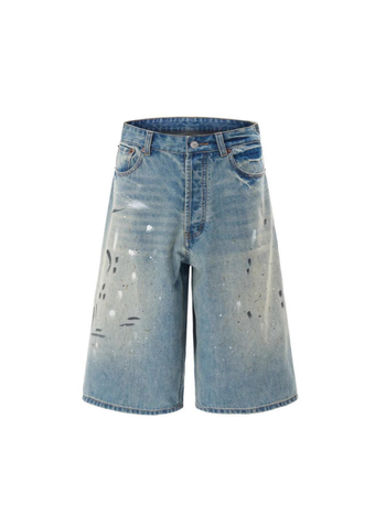 Férfi denim Capri nadrág, lazán szabott egyenes vonal, széles szár, pamutanyag, nyár 2025, kézzel festett tinta spricc mintázat