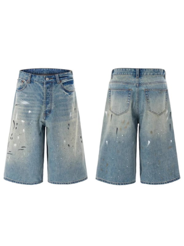 Férfi denim Capri nadrág, lazán szabott egyenes vonal, széles szár, pamutanyag, nyár 2025, kézzel festett tinta spricc mintázat