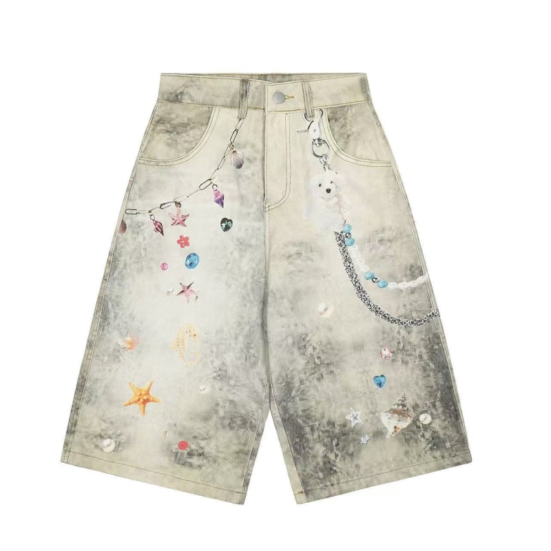 Denim capri hlače za muškarce i žene, vintage američki graffiti stil, ljeto, opušten kroj, pamuk denim