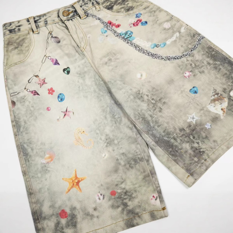Denim capri hlače za muškarce i žene, vintage američki graffiti stil, ljeto, opušten kroj, pamuk denim