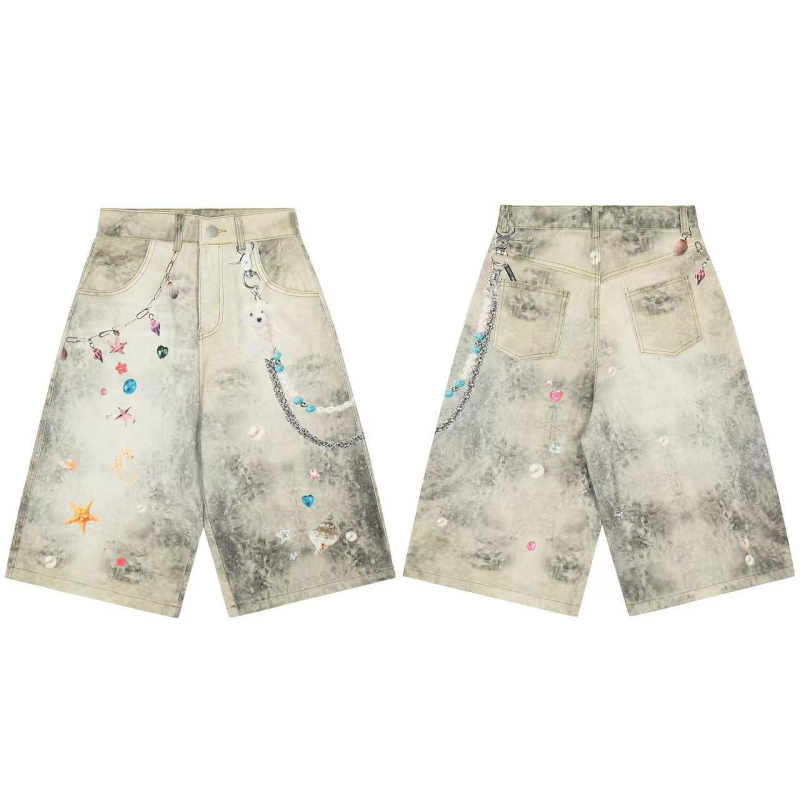 Denim capri hlače za muškarce i žene, vintage američki graffiti stil, ljeto, opušten kroj, pamuk denim