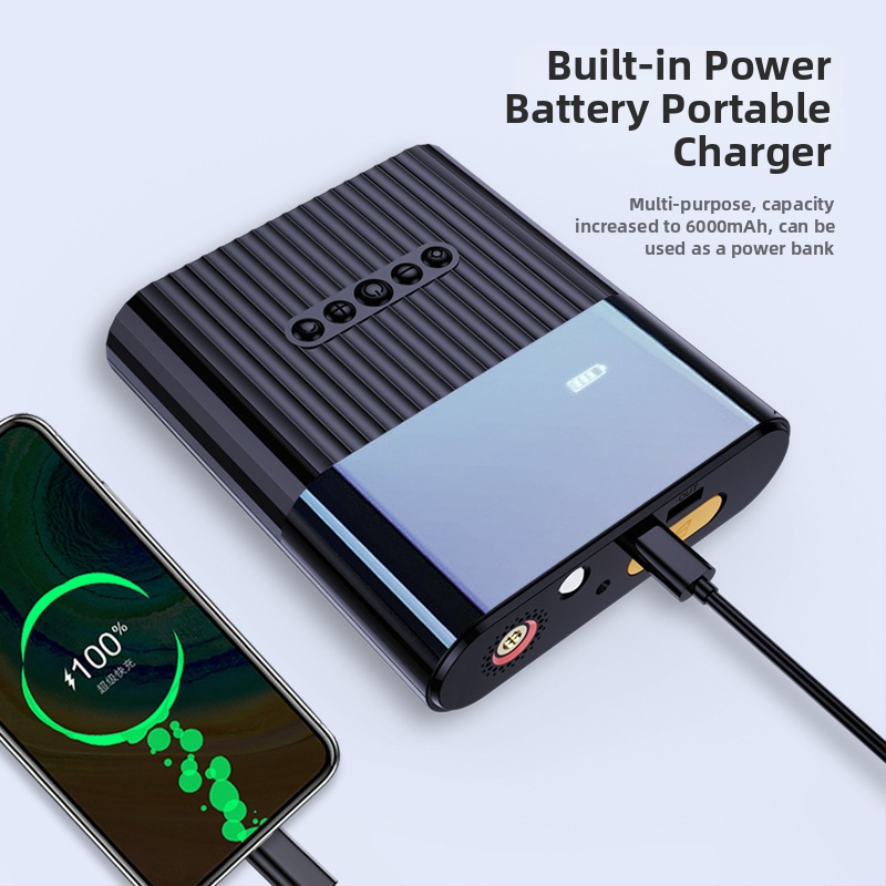 Automobilska pumpa za zrak s ugrađenim izvorom napajanja i starterom, digitalni zaslon, USB punjenje, osvjetljenje i manometar za tlak u gumama, 12V DC, 120W, 25 L/min