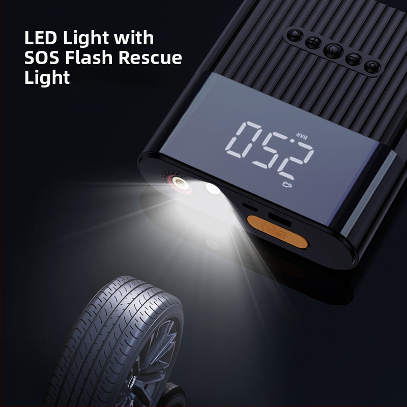Automobilska pumpa za zrak s ugrađenim izvorom napajanja i starterom, digitalni zaslon, USB punjenje, osvjetljenje i manometar za tlak u gumama, 12V DC, 120W, 25 L/min