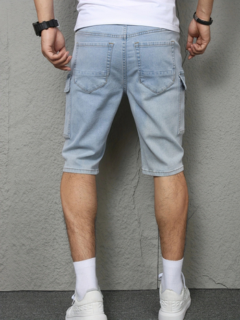 Дънкови къси панталони с разкъсвания, свободна кройка с права линия, британски стил, памук–полиестер–еластан–вискоза смес (51,2% памук, 36,7% полиестер, 1,3% еластан, 10,8% вискоза), средна еластичност