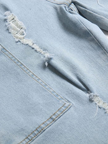 Дънкови къси панталони с разкъсвания, свободна кройка с права линия, британски стил, памук–полиестер–еластан–вискоза смес (51,2% памук, 36,7% полиестер, 1,3% еластан, 10,8% вискоза), средна еластичност