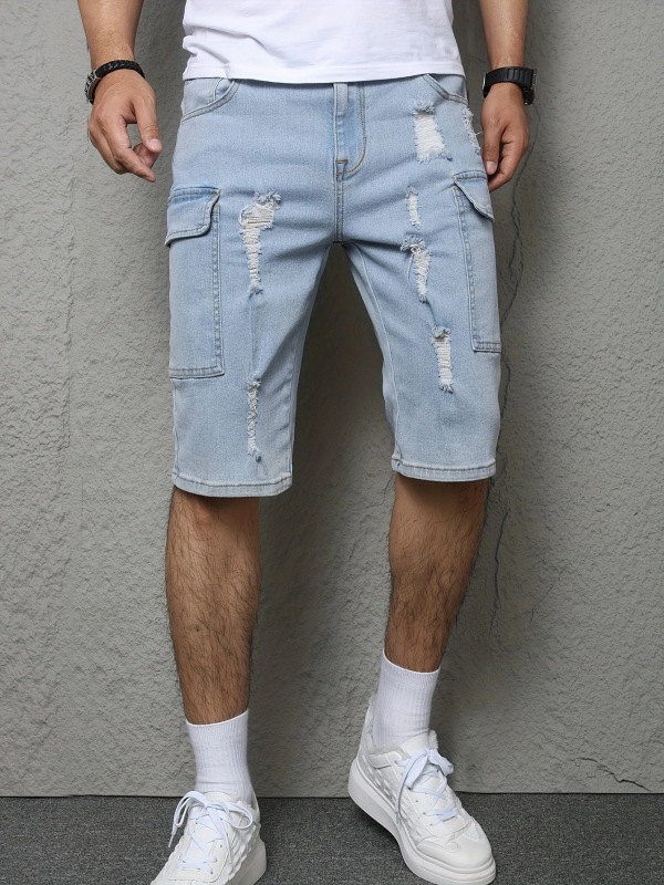 Дънкови къси панталони с разкъсвания, свободна кройка с права линия, британски стил, памук–полиестер–еластан–вискоза смес (51,2% памук, 36,7% полиестер, 1,3% еластан, 10,8% вискоза), средна еластичност