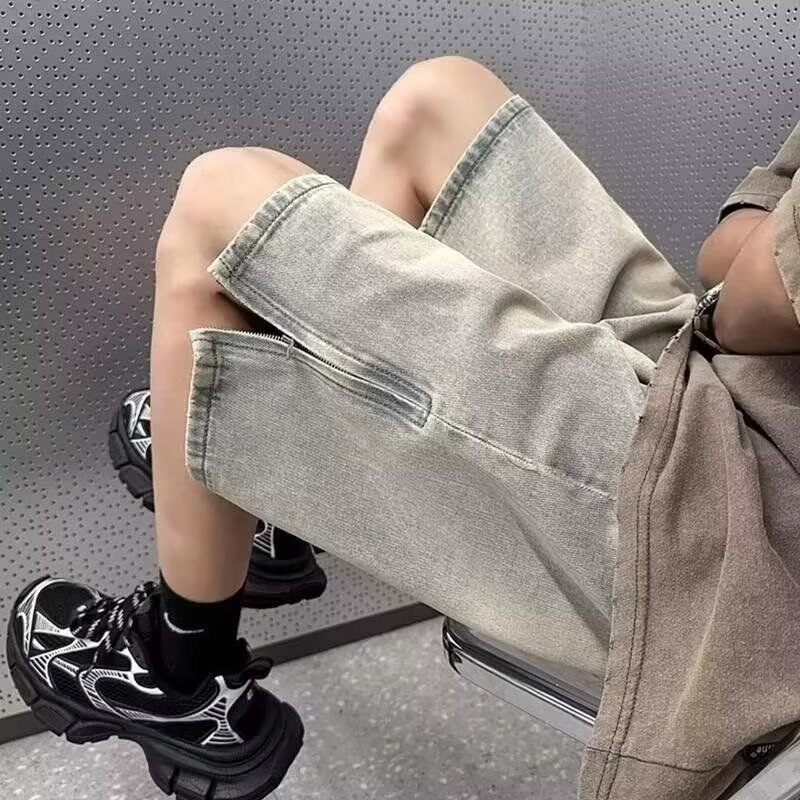 Džins capri šorc, unisex, korejskog stila, ravni kroj, pamuk