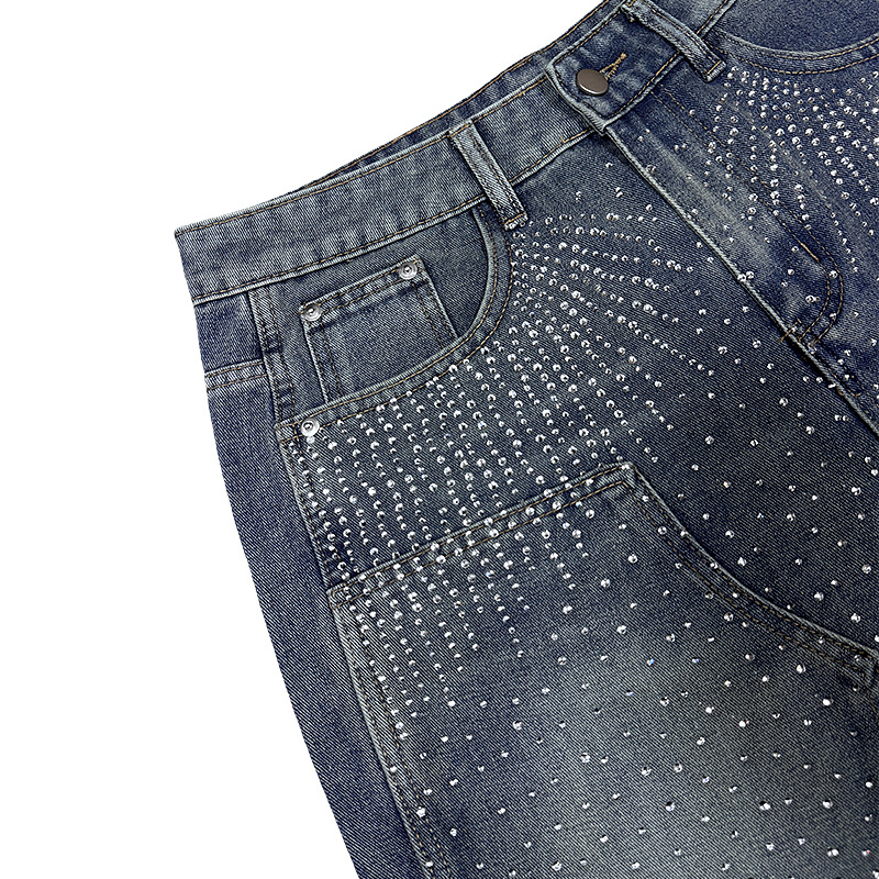 Férfi farmer denim rövidnadrág - mosott, kopott hatás, Rhinestone Hotfix, egyenes szabás, öt hüvelykes hossz, Wolverine