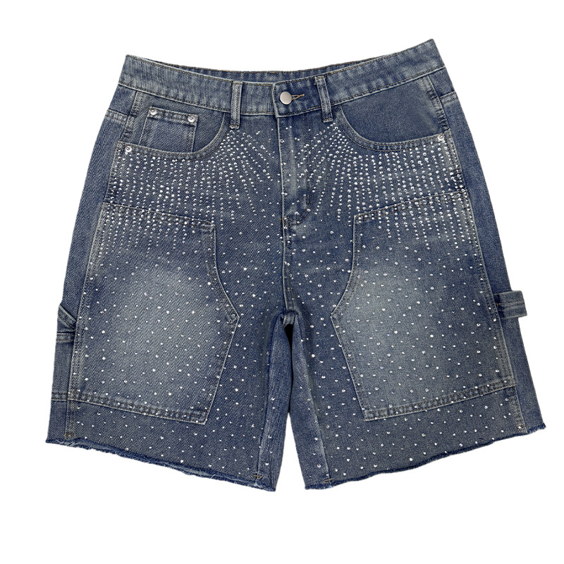 Férfi farmer denim rövidnadrág - mosott, kopott hatás, Rhinestone Hotfix, egyenes szabás, öt hüvelykes hossz, Wolverine