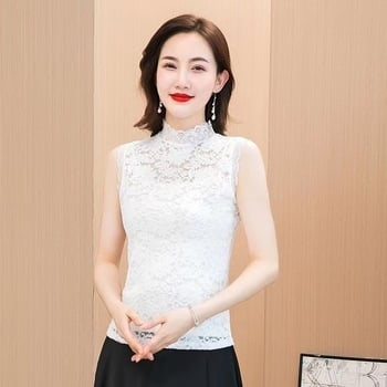 Csipkés hamis galléros női ujjatlan alap felső – peónia minta, poliészter belső csipével bélelt, fél magas gallér