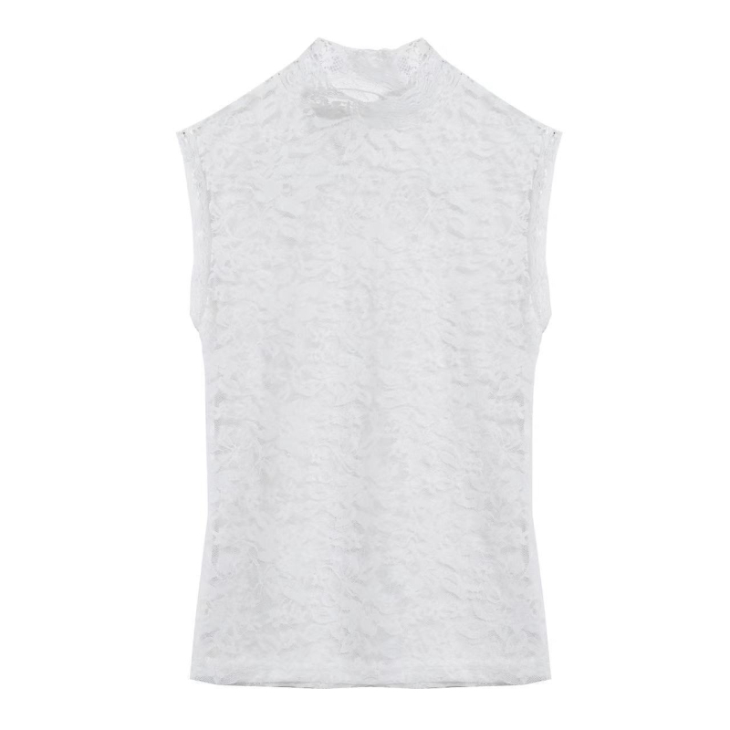 Csipkés hamis galléros női ujjatlan alap felső – peónia minta, poliészter belső csipével bélelt, fél magas gallér