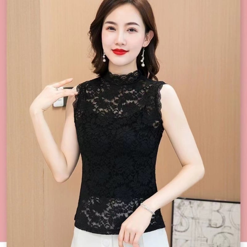 Csipkés hamis galléros női ujjatlan alap felső – peónia minta, poliészter belső csipével bélelt, fél magas gallér