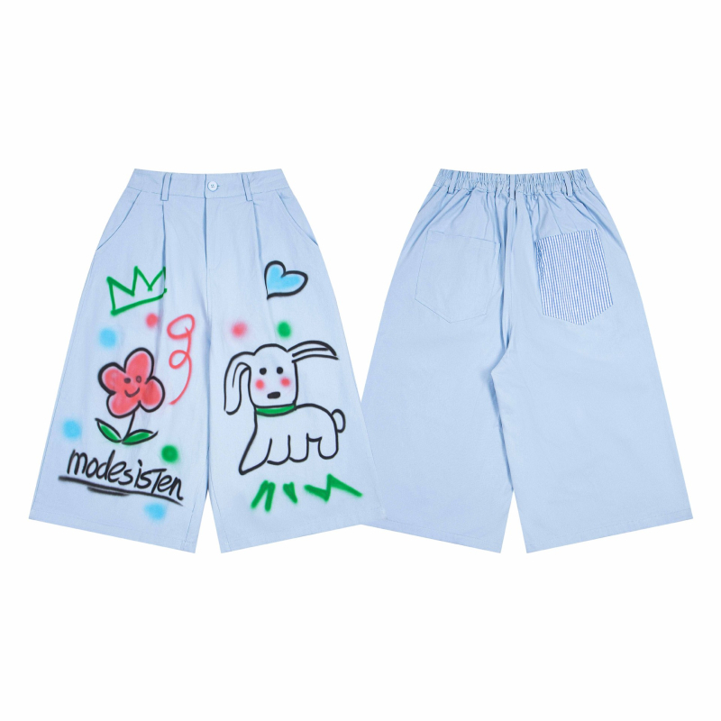Unisex pamučne šorce s retro otiskom šteneta, opušten kroj, kratka duljina, ljeto, 100% pamuk