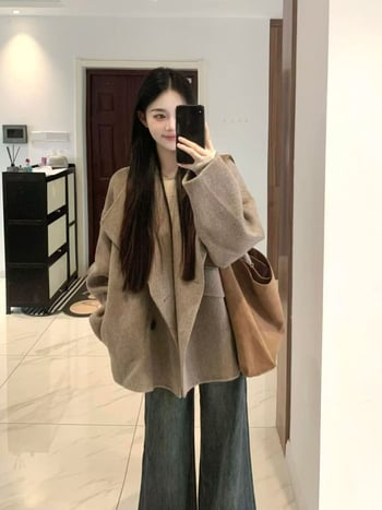 Női gyapjúkabát, koreai stílus, középhosszú, laza szabás, egysoros gombolás