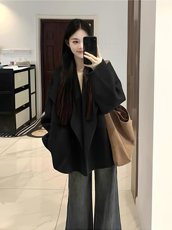 Női gyapjúkabát, koreai stílus, középhosszú, laza szabás, egysoros gombolás