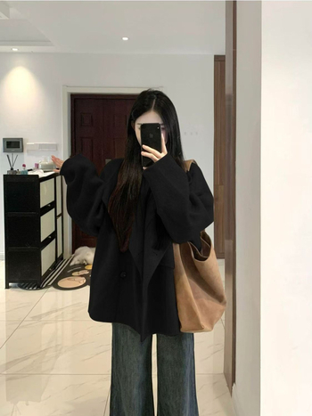 Női gyapjúkabát, koreai stílus, középhosszú, laza szabás, egysoros gombolás