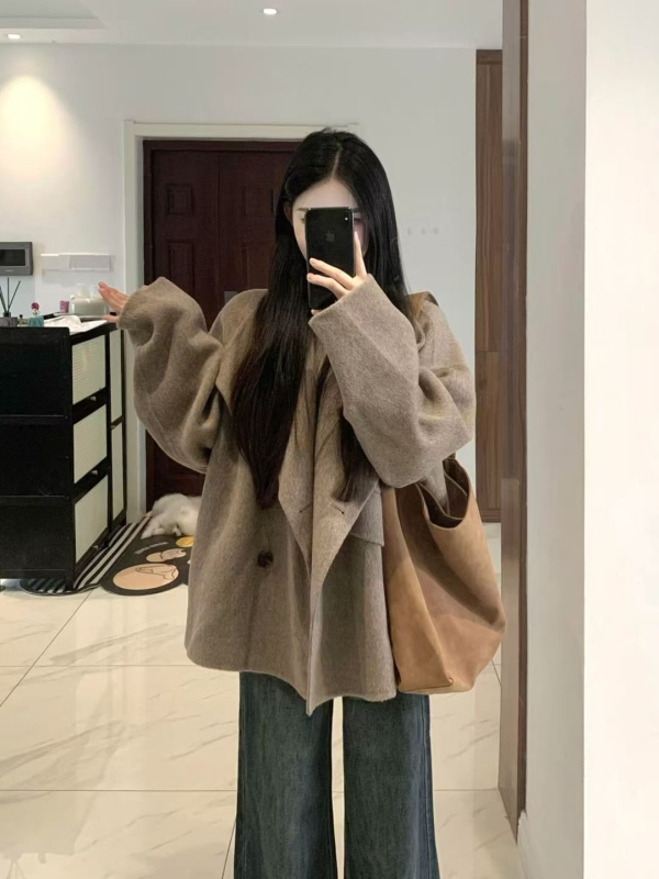 Női gyapjúkabát, koreai stílus, középhosszú, laza szabás, egysoros gombolás
