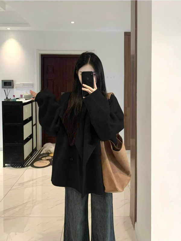 Női gyapjúkabát, koreai stílus, középhosszú, laza szabás, egysoros gombolás