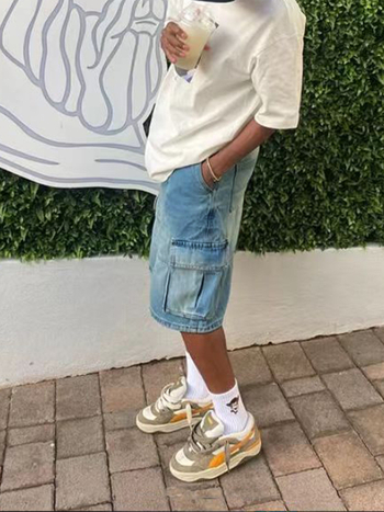 Muške široke traper šorceve, srednji pojas, zatvarač, duljina 5/4, 80% pamuk