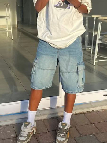 Muške široke traper šorceve, srednji pojas, zatvarač, duljina 5/4, 80% pamuk