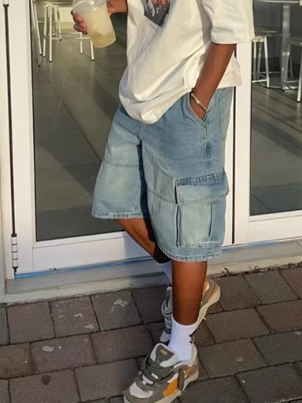 Muške široke traper šorceve, srednji pojas, zatvarač, duljina 5/4, 80% pamuk