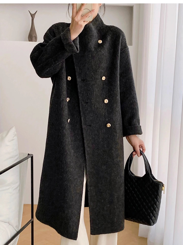 Ženski vuneni kaput, dvostruko kopčanje, stojeći ovratnik, dugačak kroj, korejski stil, ručno šiveno