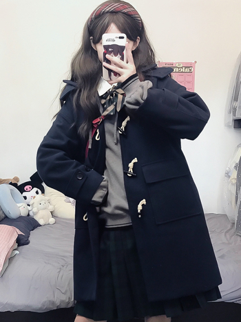 Ženski vuneni kaput s kapuljačom, debeli, srednja duljina, školski stil