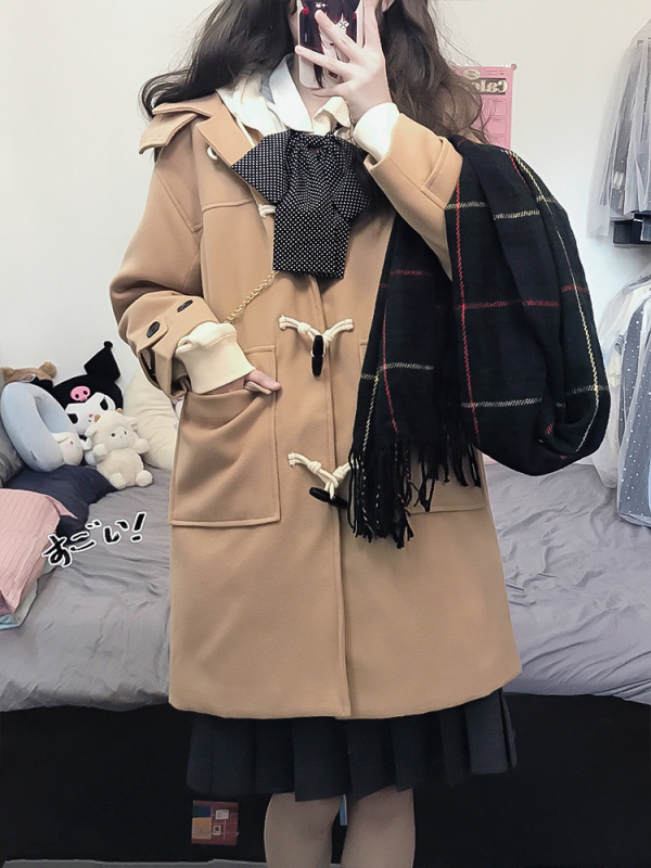 Ženski vuneni kaput s kapuljačom, debeli, srednja duljina, školski stil