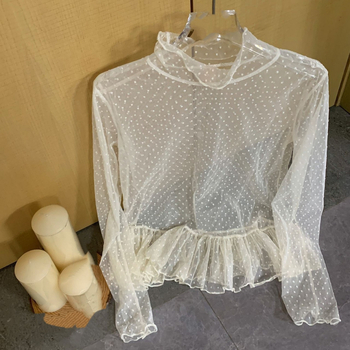 Korejskog stila čipkasta bluza s visokim ovratnikom, prozirna s točkicama, dugi rukavi, slojeviti volani, od akrilnog vlakna
