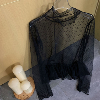 Korejskog stila čipkasta bluza s visokim ovratnikom, prozirna s točkicama, dugi rukavi, slojeviti volani, od akrilnog vlakna