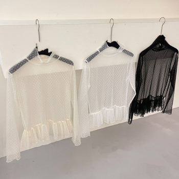 Korejskog stila čipkasta bluza s visokim ovratnikom, prozirna s točkicama, dugi rukavi, slojeviti volani, od akrilnog vlakna