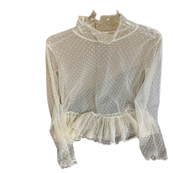 Korejskog stila čipkasta bluza s visokim ovratnikom, prozirna s točkicama, dugi rukavi, slojeviti volani, od akrilnog vlakna