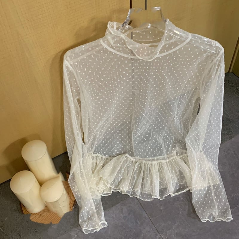 Korejskog stila čipkasta bluza s visokim ovratnikom, prozirna s točkicama, dugi rukavi, slojeviti volani, od akrilnog vlakna