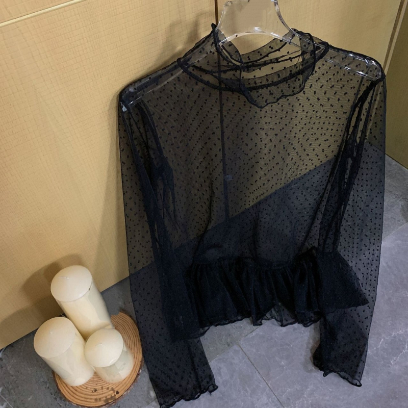 Korejskog stila čipkasta bluza s visokim ovratnikom, prozirna s točkicama, dugi rukavi, slojeviti volani, od akrilnog vlakna