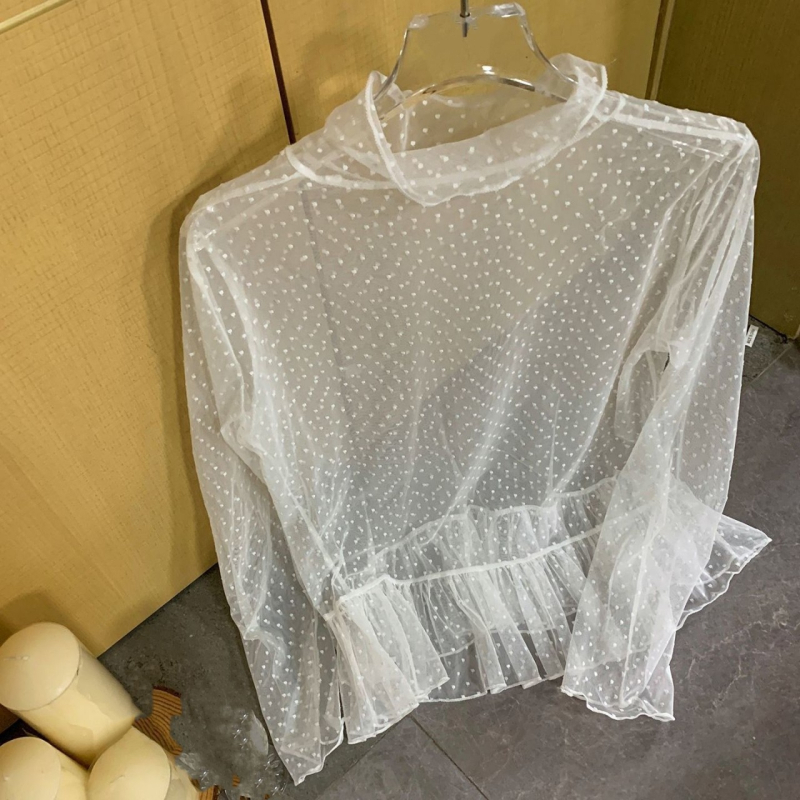 Korejskog stila čipkasta bluza s visokim ovratnikom, prozirna s točkicama, dugi rukavi, slojeviti volani, od akrilnog vlakna