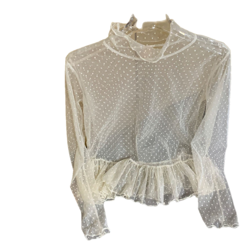 Korejskog stila čipkasta bluza s visokim ovratnikom, prozirna s točkicama, dugi rukavi, slojeviti volani, od akrilnog vlakna