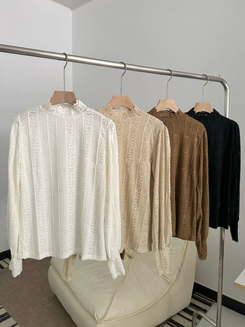 Ženska bluza s francuskom čipkom, polu-visoki ovratnik s čipkastim rubom, duge rukave, poliester, pulover stil za slojevito odijevanje