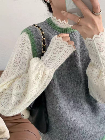 Ženska bluza s francuskom čipkom, polu-visoki ovratnik s čipkastim rubom, duge rukave, poliester, pulover stil za slojevito odijevanje