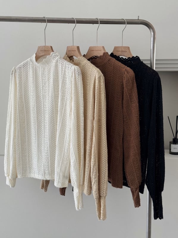 Ženska bluza s francuskom čipkom, polu-visoki ovratnik s čipkastim rubom, duge rukave, poliester, pulover stil za slojevito odijevanje