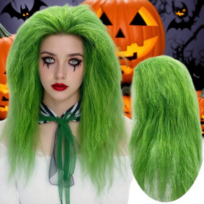 Paróka – Zöld fodros Halloween paróka (Feldolgozási technika: Mechanizmus; Haj anyaga: Hazai selyem; Nem festhető vagy permelhető; Bármilyen bőrtónussal illeszkedik; Bármilyen arcformához illik)