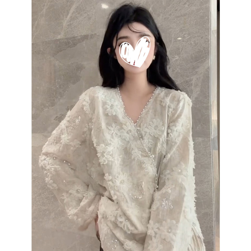 Čipkasta Bluza s V-izrezom, akrilna mješavina materijala, jednobojni uzorak, patchwork detalji, dugi rukavi, regularna silueta