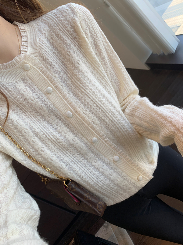 Cardigan pulover s čipkastim ovratnikom, patchwork pleteni, dugi rukavi, smjesa lambswoola, akril i svila od mulberry, normalna duljina