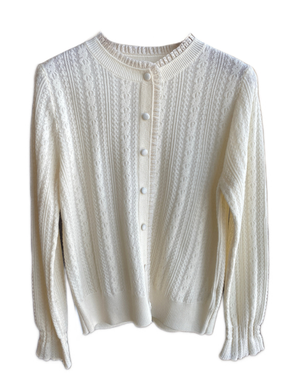 Cardigan pulover s čipkastim ovratnikom, patchwork pleteni, dugi rukavi, smjesa lambswoola, akril i svila od mulberry, normalna duljina