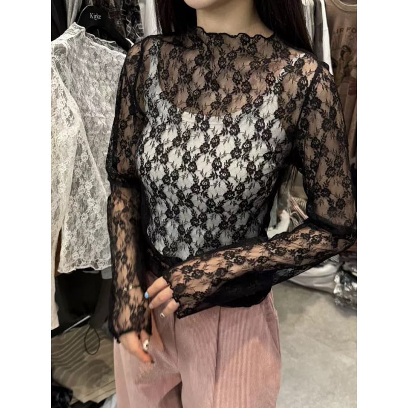 Korejski inspiriran slojeviti top s cvjetnom čipkom, okrugli izrez, dugi rukav, najlon, slim fit